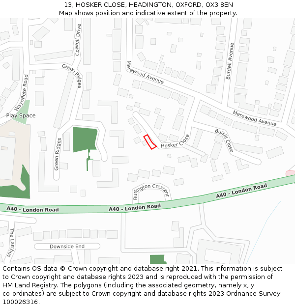 13, HOSKER CLOSE, HEADINGTON, OXFORD, OX3 8EN: Location map and indicative extent of plot