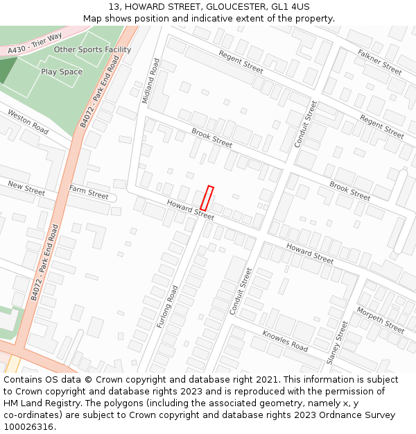 13, HOWARD STREET, GLOUCESTER, GL1 4US: Location map and indicative extent of plot