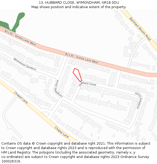 13, HUBBARD CLOSE, WYMONDHAM, NR18 0DU: Location map and indicative extent of plot