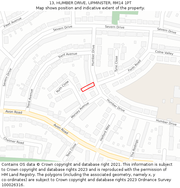 13, HUMBER DRIVE, UPMINSTER, RM14 1PT: Location map and indicative extent of plot