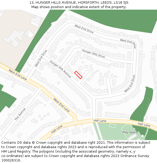 13, HUNGER HILLS AVENUE, HORSFORTH, LEEDS, LS18 5JS: Location map and indicative extent of plot