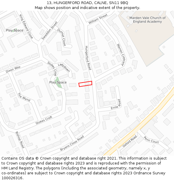 13, HUNGERFORD ROAD, CALNE, SN11 9BQ: Location map and indicative extent of plot