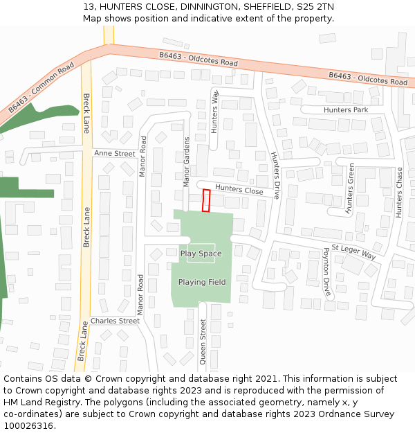 13, HUNTERS CLOSE, DINNINGTON, SHEFFIELD, S25 2TN: Location map and indicative extent of plot