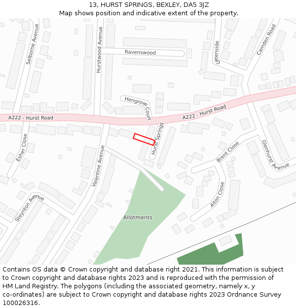 13, HURST SPRINGS, BEXLEY, DA5 3JZ: Location map and indicative extent of plot