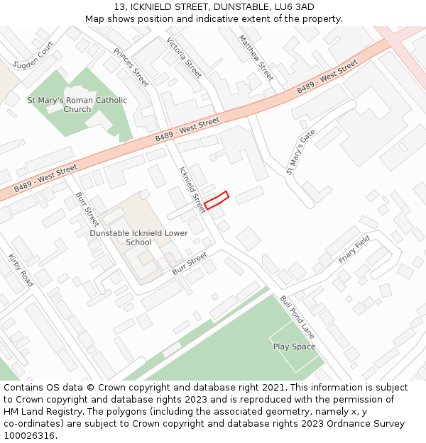 13, ICKNIELD STREET, DUNSTABLE, LU6 3AD: Location map and indicative extent of plot