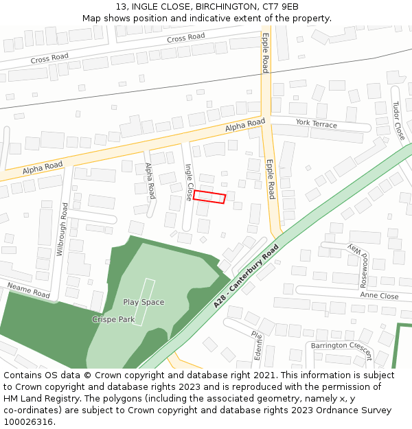 13, INGLE CLOSE, BIRCHINGTON, CT7 9EB: Location map and indicative extent of plot