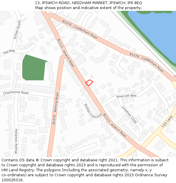 13, IPSWICH ROAD, NEEDHAM MARKET, IPSWICH, IP6 8EQ: Location map and indicative extent of plot