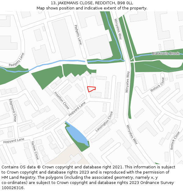13, JAKEMANS CLOSE, REDDITCH, B98 0LL: Location map and indicative extent of plot