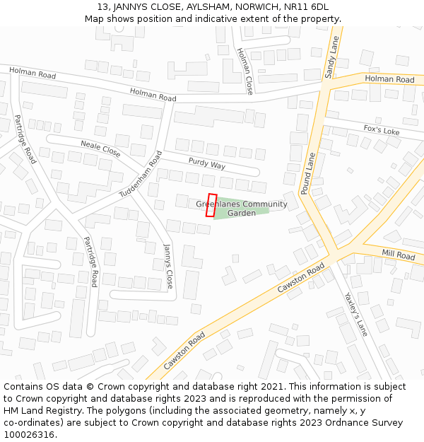 13, JANNYS CLOSE, AYLSHAM, NORWICH, NR11 6DL: Location map and indicative extent of plot