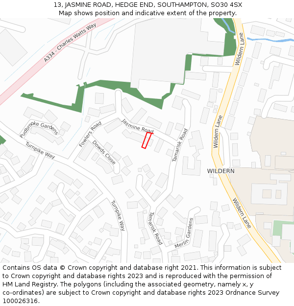 13, JASMINE ROAD, HEDGE END, SOUTHAMPTON, SO30 4SX: Location map and indicative extent of plot