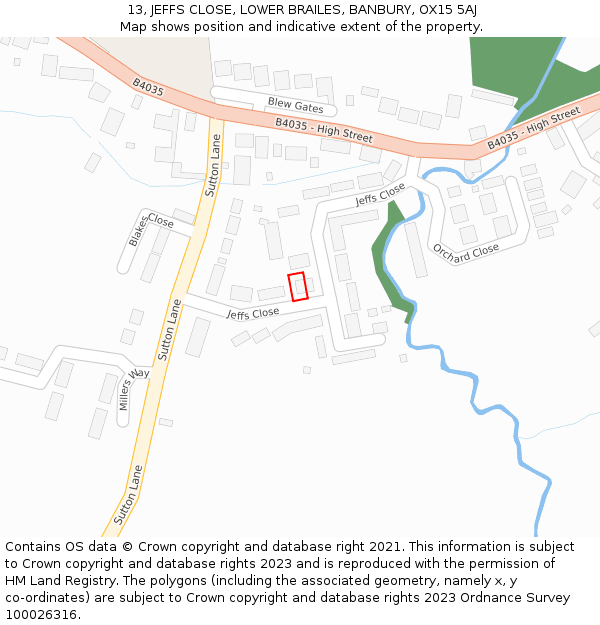 13, JEFFS CLOSE, LOWER BRAILES, BANBURY, OX15 5AJ: Location map and indicative extent of plot