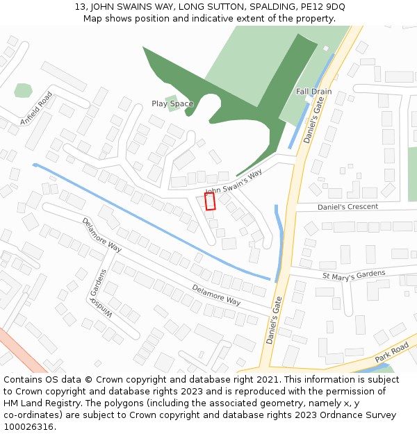 13, JOHN SWAINS WAY, LONG SUTTON, SPALDING, PE12 9DQ: Location map and indicative extent of plot
