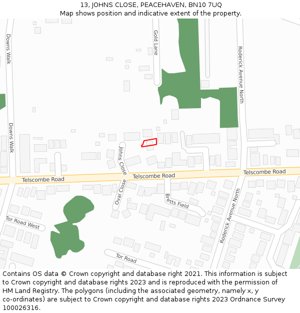 13, JOHNS CLOSE, PEACEHAVEN, BN10 7UQ: Location map and indicative extent of plot