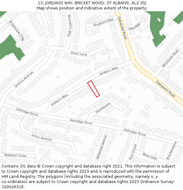 13, JORDANS WAY, BRICKET WOOD, ST ALBANS, AL2 3SJ: Location map and indicative extent of plot