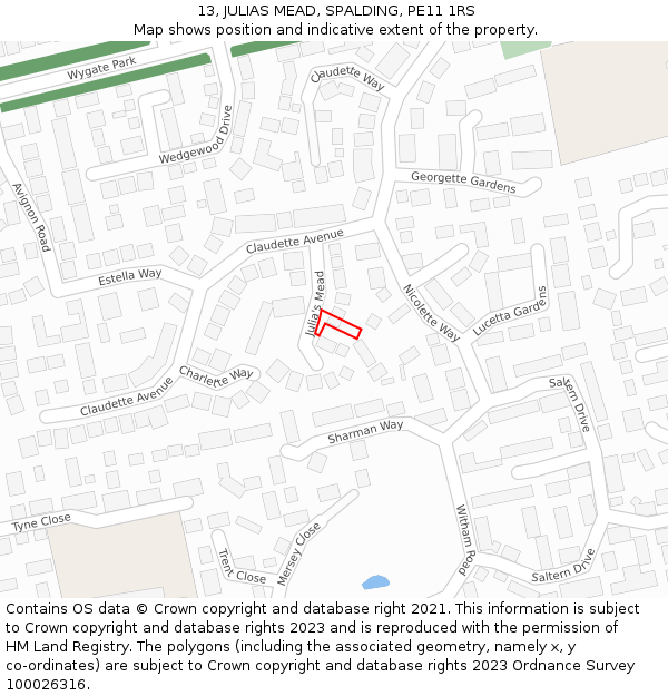 13, JULIAS MEAD, SPALDING, PE11 1RS: Location map and indicative extent of plot