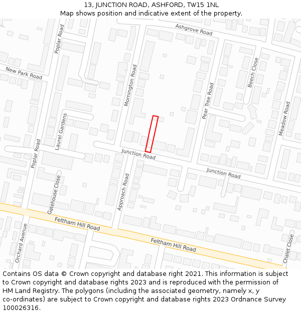 13, JUNCTION ROAD, ASHFORD, TW15 1NL: Location map and indicative extent of plot