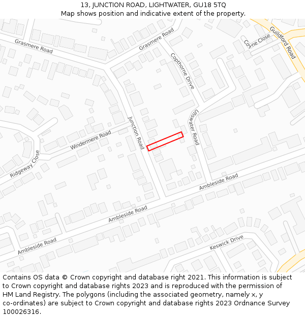 13, JUNCTION ROAD, LIGHTWATER, GU18 5TQ: Location map and indicative extent of plot