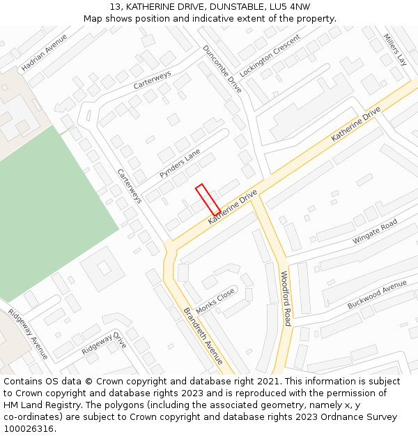 13, KATHERINE DRIVE, DUNSTABLE, LU5 4NW: Location map and indicative extent of plot