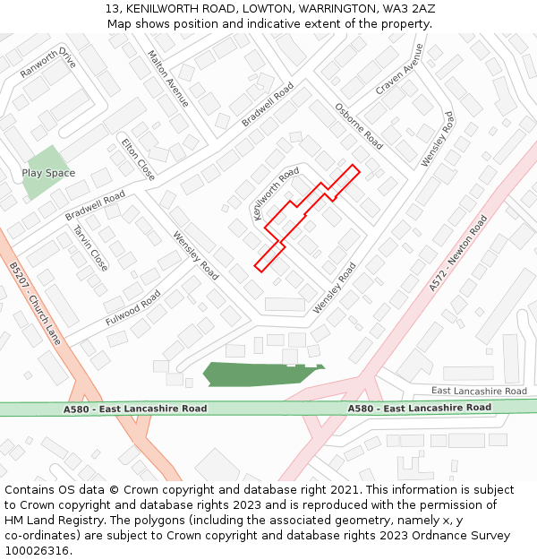 13, KENILWORTH ROAD, LOWTON, WARRINGTON, WA3 2AZ: Location map and indicative extent of plot