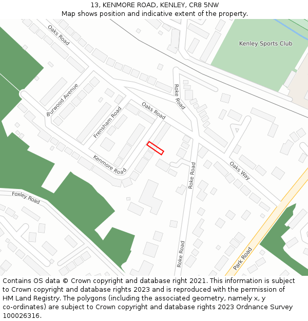 13, KENMORE ROAD, KENLEY, CR8 5NW: Location map and indicative extent of plot