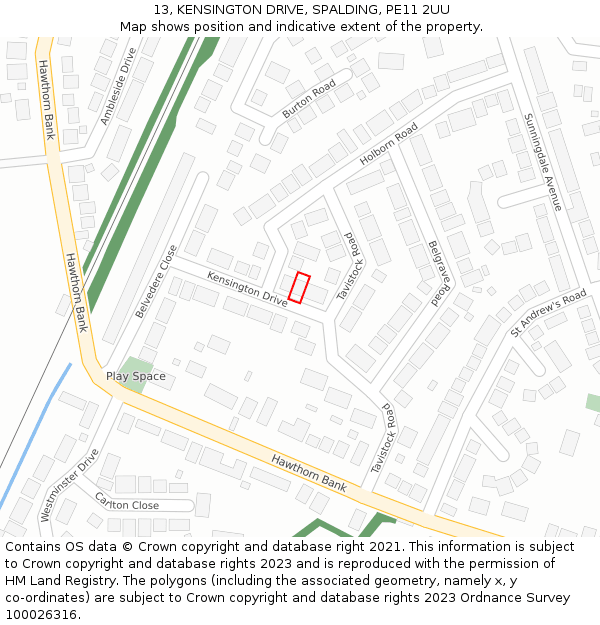 13, KENSINGTON DRIVE, SPALDING, PE11 2UU: Location map and indicative extent of plot