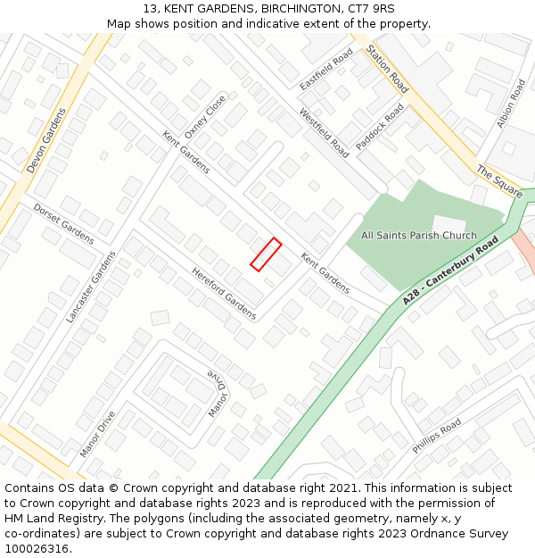 13, KENT GARDENS, BIRCHINGTON, CT7 9RS: Location map and indicative extent of plot