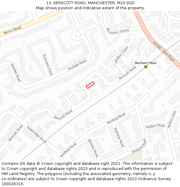 13, KERSCOTT ROAD, MANCHESTER, M23 0GD: Location map and indicative extent of plot