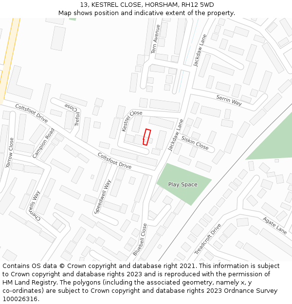 13, KESTREL CLOSE, HORSHAM, RH12 5WD: Location map and indicative extent of plot