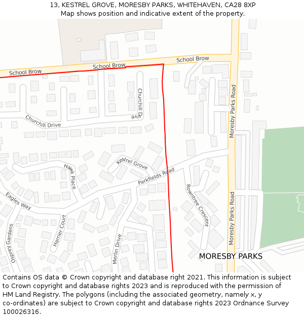 13, KESTREL GROVE, MORESBY PARKS, WHITEHAVEN, CA28 8XP: Location map and indicative extent of plot