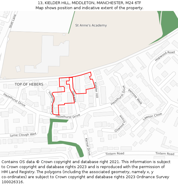 13, KIELDER HILL, MIDDLETON, MANCHESTER, M24 6TF: Location map and indicative extent of plot