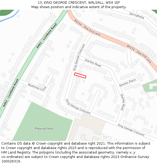 13, KING GEORGE CRESCENT, WALSALL, WS4 1EF: Location map and indicative extent of plot