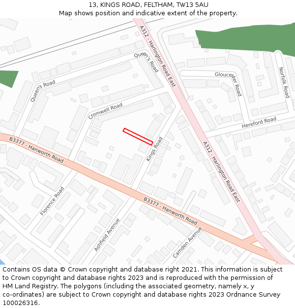 13, KINGS ROAD, FELTHAM, TW13 5AU: Location map and indicative extent of plot