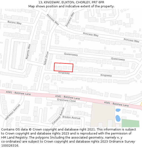 13, KINGSWAY, EUXTON, CHORLEY, PR7 6PR: Location map and indicative extent of plot