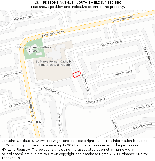 13, KIRKSTONE AVENUE, NORTH SHIELDS, NE30 3BG: Location map and indicative extent of plot