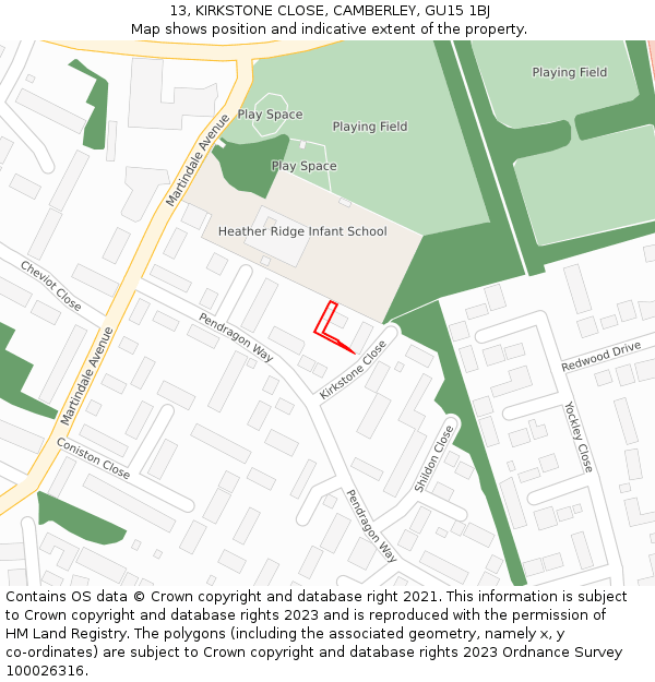 13, KIRKSTONE CLOSE, CAMBERLEY, GU15 1BJ: Location map and indicative extent of plot