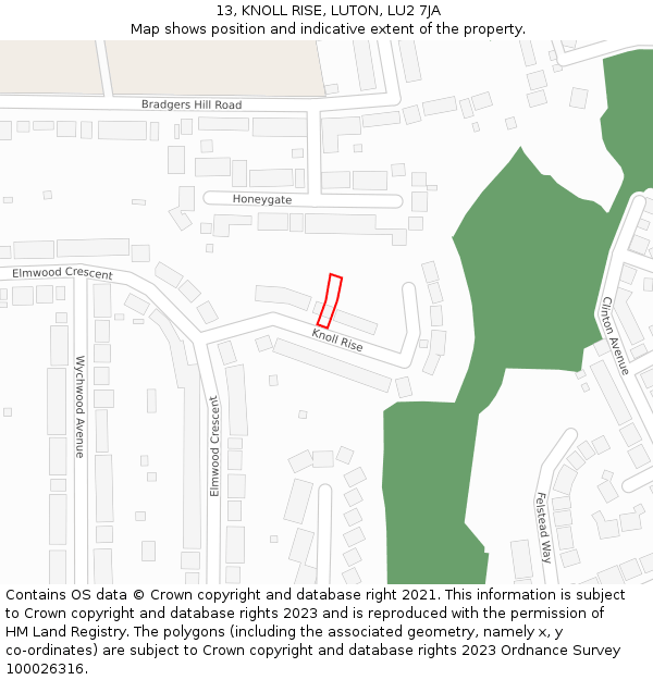 13, KNOLL RISE, LUTON, LU2 7JA: Location map and indicative extent of plot