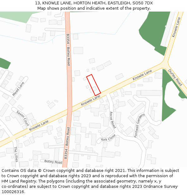 13, KNOWLE LANE, HORTON HEATH, EASTLEIGH, SO50 7DX: Location map and indicative extent of plot