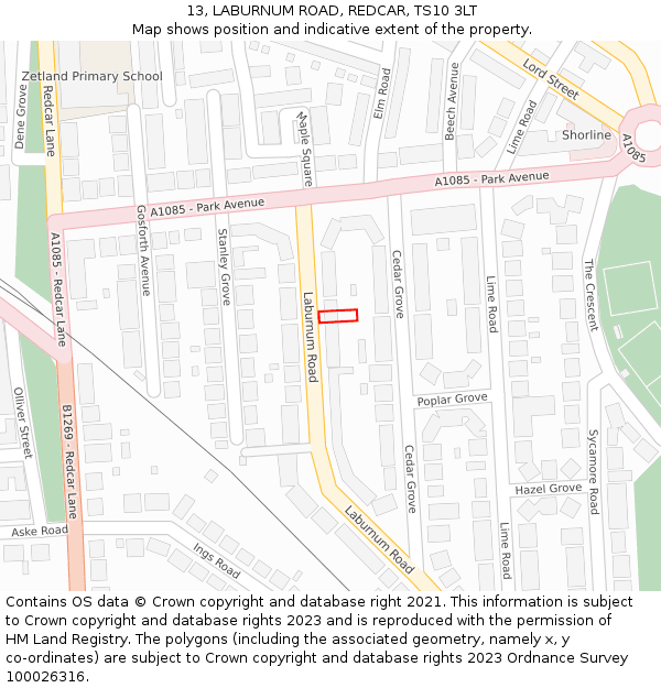 13, LABURNUM ROAD, REDCAR, TS10 3LT: Location map and indicative extent of plot