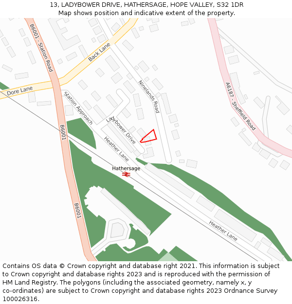 13, LADYBOWER DRIVE, HATHERSAGE, HOPE VALLEY, S32 1DR: Location map and indicative extent of plot