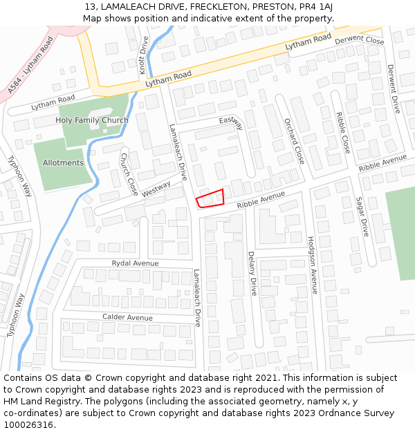 13, LAMALEACH DRIVE, FRECKLETON, PRESTON, PR4 1AJ: Location map and indicative extent of plot