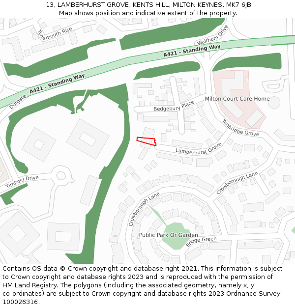 13, LAMBERHURST GROVE, KENTS HILL, MILTON KEYNES, MK7 6JB: Location map and indicative extent of plot