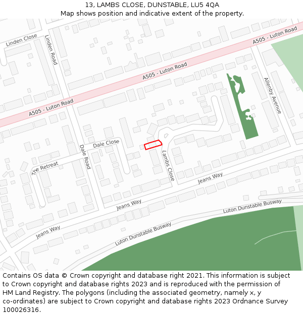 13, LAMBS CLOSE, DUNSTABLE, LU5 4QA: Location map and indicative extent of plot