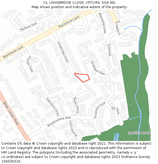 13, LANGBRIDGE CLOSE, HITCHIN, SG4 9EL: Location map and indicative extent of plot