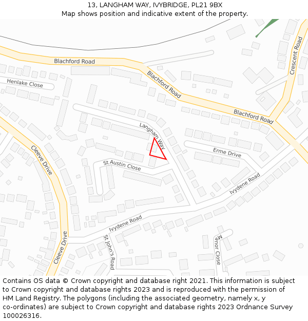 13, LANGHAM WAY, IVYBRIDGE, PL21 9BX: Location map and indicative extent of plot