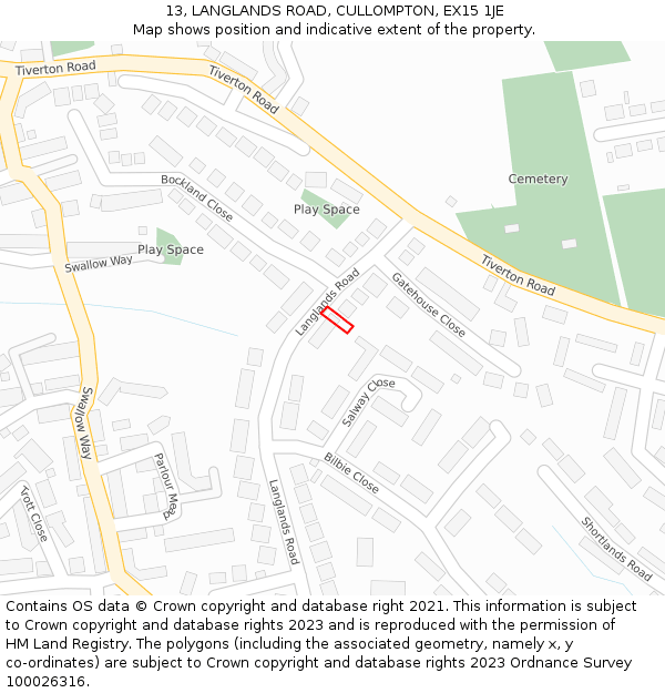 13, LANGLANDS ROAD, CULLOMPTON, EX15 1JE: Location map and indicative extent of plot