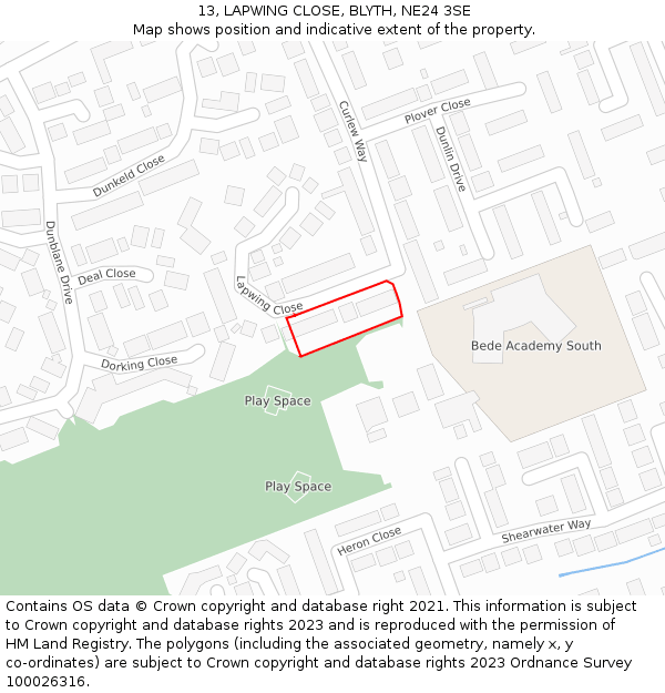 13, LAPWING CLOSE, BLYTH, NE24 3SE: Location map and indicative extent of plot