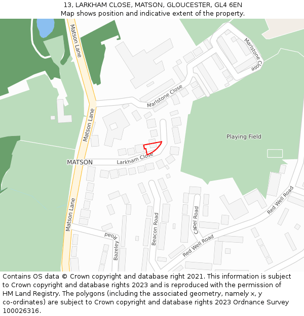 13, LARKHAM CLOSE, MATSON, GLOUCESTER, GL4 6EN: Location map and indicative extent of plot