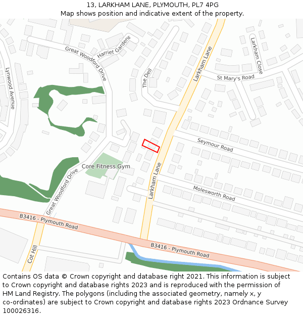 13, LARKHAM LANE, PLYMOUTH, PL7 4PG: Location map and indicative extent of plot