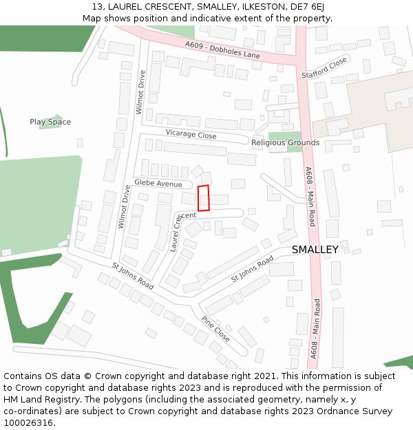 13, LAUREL CRESCENT, SMALLEY, ILKESTON, DE7 6EJ: Location map and indicative extent of plot