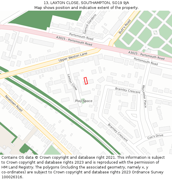 13, LAXTON CLOSE, SOUTHAMPTON, SO19 9JA: Location map and indicative extent of plot